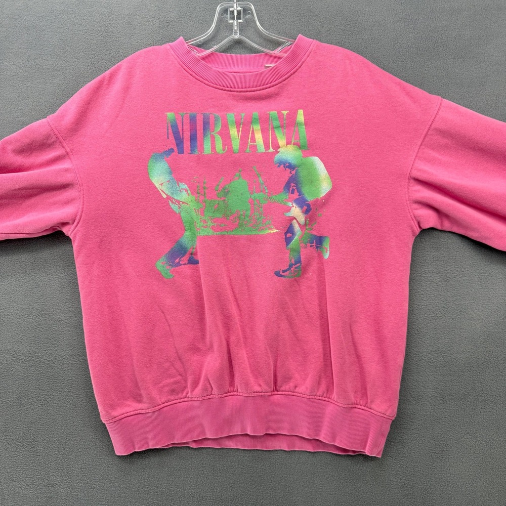 H&M Nirvana Sweatshirt Womens Size 12/14 Pink Crewneck Band Pullover Boxy - Picture 7 of 13